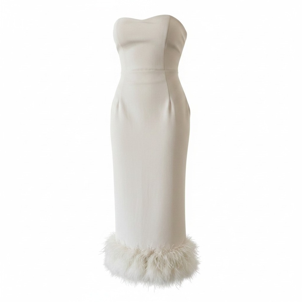 Cream Strapless Midi Dress Ostrich Feather Trim‎ Hem bodycon Cocktail Wedding